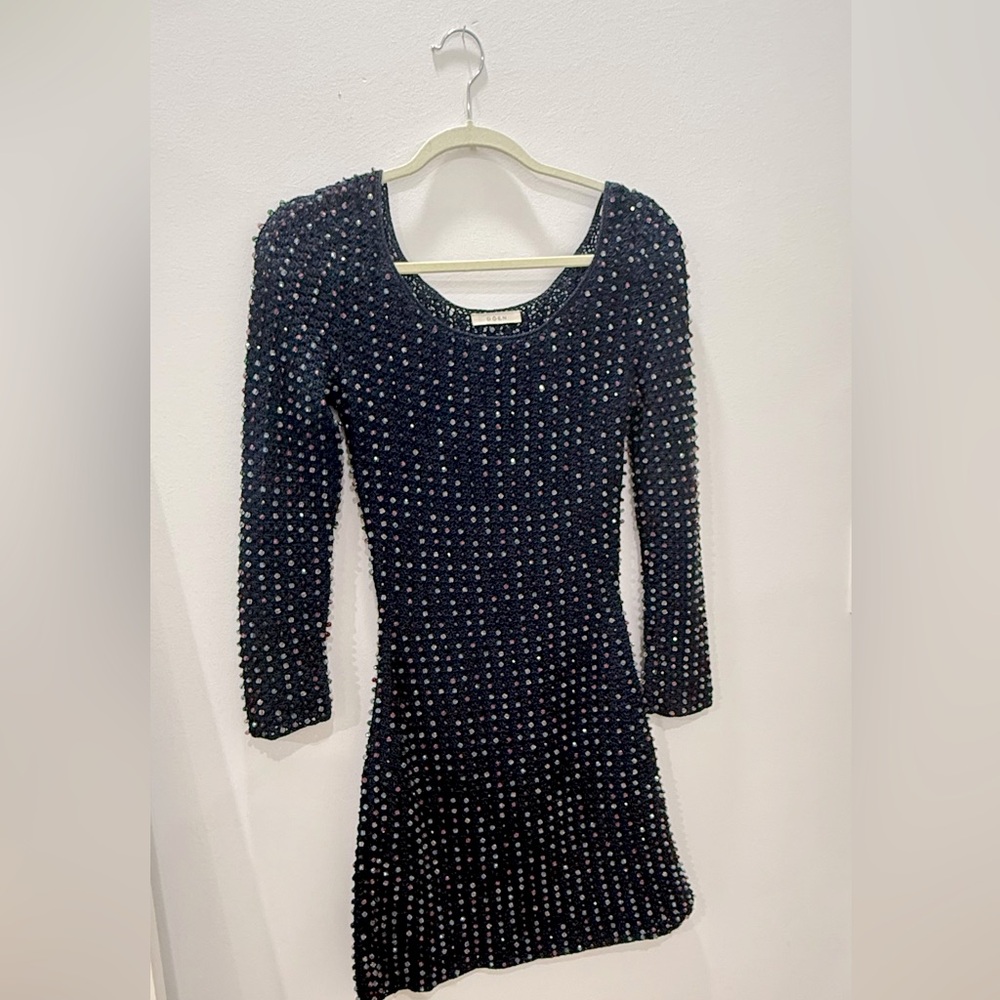 Navy crocheted dress with beaded accents